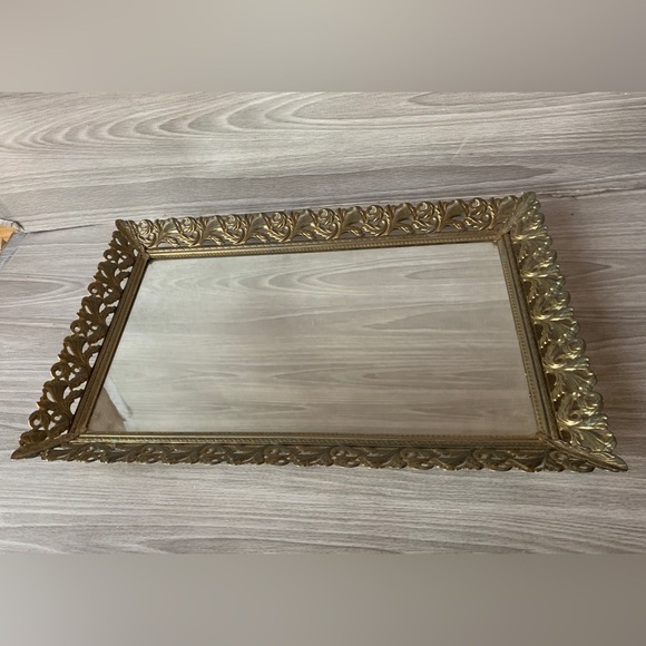 Other Vtg Gold Filligree Ormolu Vanity Mirror Wall Hanging Or Stand